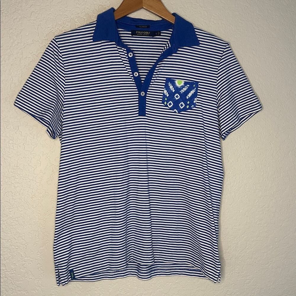 Ralph Lauren Golf Blue White Polo Shirt Large Performance Pocket Stripe Preppy